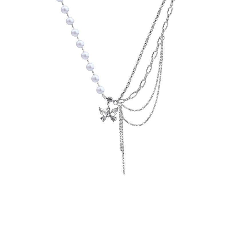Female Pearl and Butterfly Silver Necklace